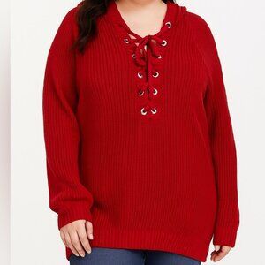 FOREVER 21 Plus 3X Red Knit Hooded Sweater Lace Up Front Hoodie